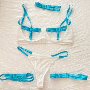 Blue and White Strappy Lingerie Set Bra Thong Leg Garters Choker Small S